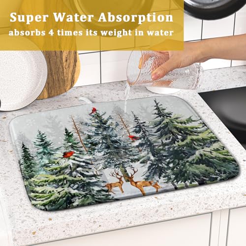 Pine Tree Dish Drying Mat for Kitchen Counter 16x18 Inch Forest Deer Absorbent Dishes Drainer Mats Reversible Microfiber Quick Dry Rack Pad (Pine Tree Deer / 16" x 18")