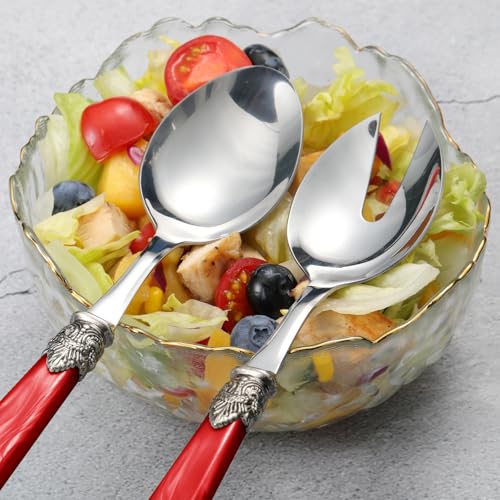 2 piece Salad Servers Stainless Steel Salad Serving Set Salad Fork and Spoon (Red)