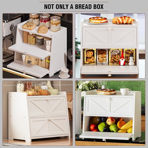 Vintage Double Layer Bread Box for Kitchen Counter Bamboo Bread Storage Container Large Capacity Bread Storage Bin (White)