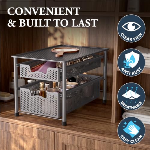 Stackable 2 Tier Sliding Basket Organizer Drawer (2-Tier / Silver)