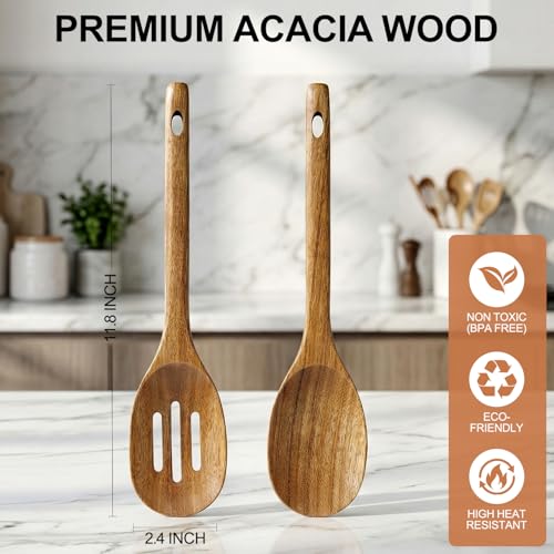 Large Wooden Spoons for Cooking Utensil Set Slotted Spoon Kitchen Spatula (Slotted + Cooking Spoon)