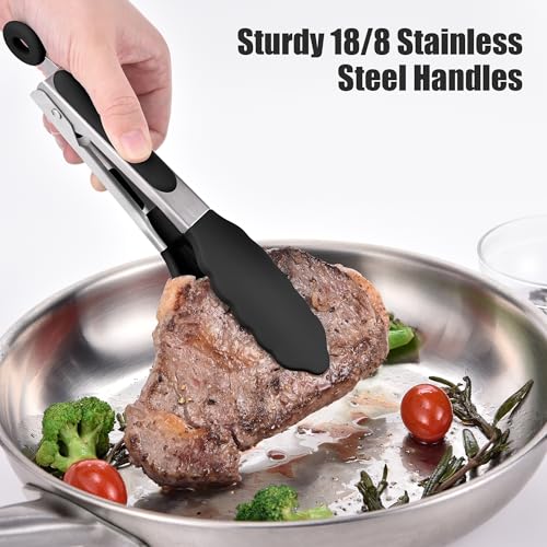 Kitchen Tongs with Silicone Tips for Cooking Serving (7in / Black)