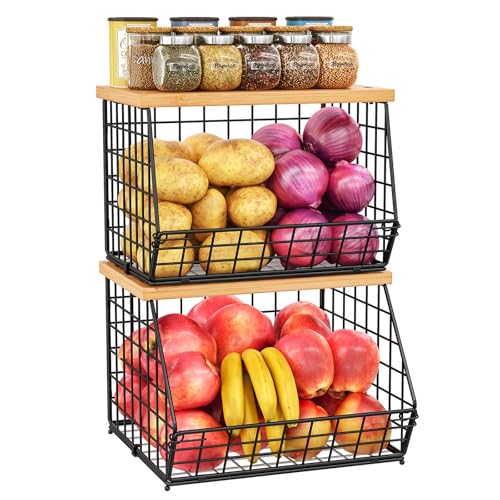 2 Set Stackable Wire Basket with Wooden Tops & Pad for kitchen organizers and storage (2pcs*11.8"*11.8"*18.9")