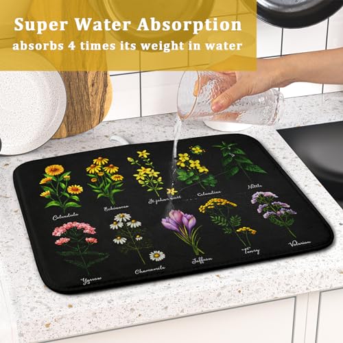 Black Flower Herbs Dish Drying Mat 16x18 Inch Botanical Floral Microfiber Drying Mats with Hanging Loop Foldable Absorbent Dish Drainer Rack Pad (Black Flower Herbs / 16" x 18")