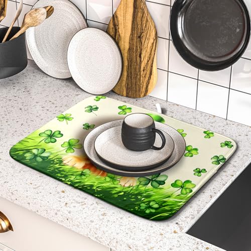 St Patrick's Day Dog Dish Drying Mat 16x18 inch Green Shamrock Dishes Pad Absorbent Microfiber Dish Drainer Mat for Kitchen Counter Coffee (Shamrock Dog / 16" x 18")