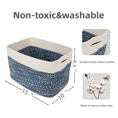 Woven Cotton Rope Storage Baskets 15x10x9.3" 3 Pack White and Blue (blue and white)