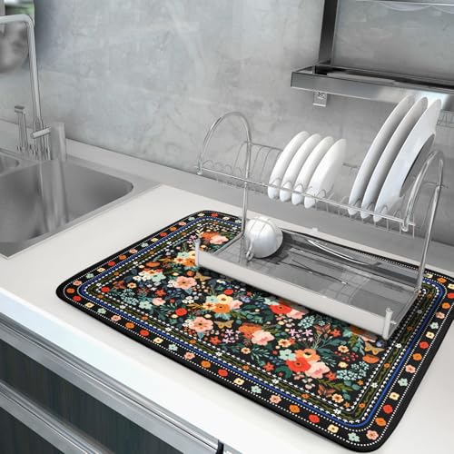 Floral Microfiber Dish Drying Mat Large Absorbent Dish Drainer Rack Pad for Kitchen Counter (Boho Floral Black / 24" x 18")