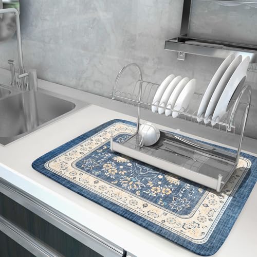 Blue Boho Dish Drying Mat for Kitchen Counter 18x24 Inch Fast Dry Drying Pad Vintage Floral Dish Drainer Rack Mats Coffee Bar Accessories (Blue Boho / 18 x 24 inch)