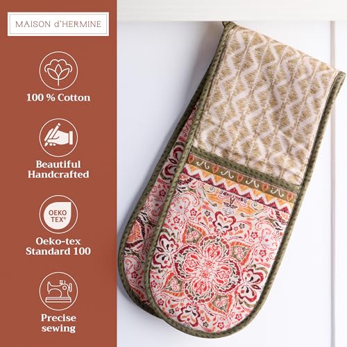 Double Oven Mitts 100% Cotton Double Oven Glove (036 - Damask / 7" x 35" (Double Oven Mitt))