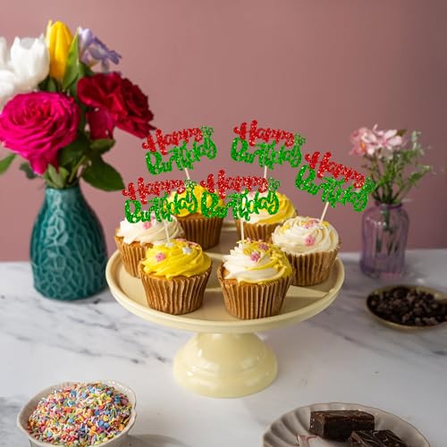 24Pcs Happy Birthday Cupcake Toppers Double Layer Glitter Happy Birthday Cake Decorations for Christmas Theme Baby Shower Anniversary Party Decorations Supplies Red Green (Style 1 / Red Green)