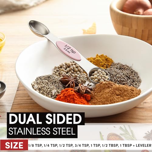 Stainless Steel 8 Magnetic Measuring Spoons Set (Pink Lemonade / 1-Pack)
