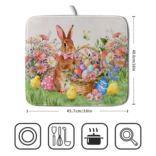 Spring Easter Dish Drying Mat for Kitchen Counter Colorful Egg Holiday Decoration Cloth Dish Mats Small (Colorful Easter Bunny / 18" x 16")