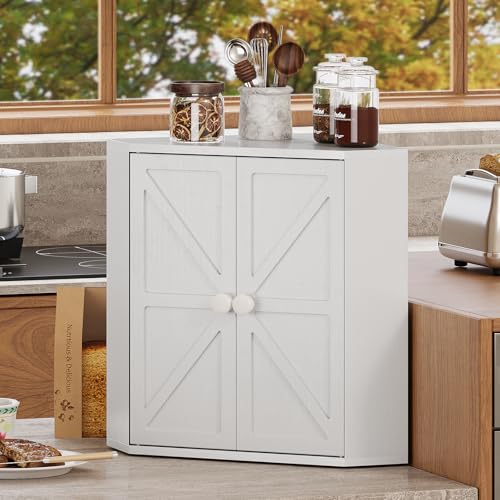 Corner Bread Box for Kitchen Counter Double Layer Bamboo Bread Storage Container Large Capacity Bread Storage Bin Farmhouse Breadbox Organizer (White)