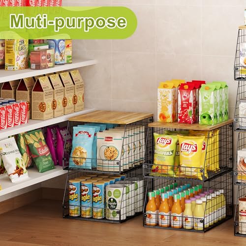 4 Pack Stackable Wire Baskets with Fixed Wooden Top (4 Pack with Wooden Top—Narrow 11.8"W x 15.4" D)