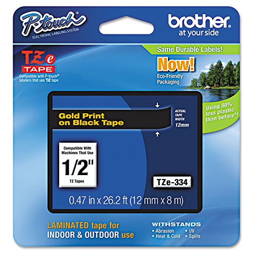 TZE334 P Touch Standard Adhesive Laminated Labeling Tape (Gold on Black / 12mm (0.47”) / Pack of 1)