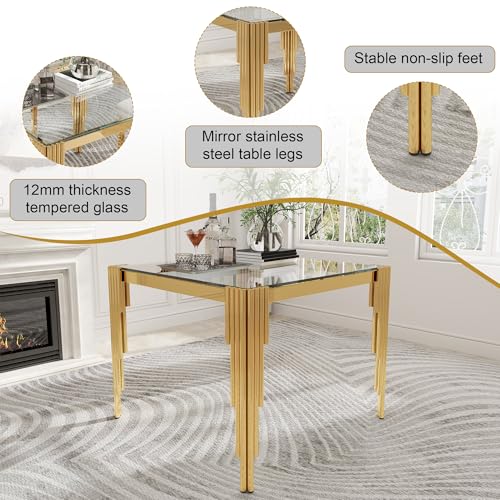 35'' Modern Square Glass Dining Table for 4 People (Gold-clear / Square-35.43" L x 35.43" W x 29.53" H)