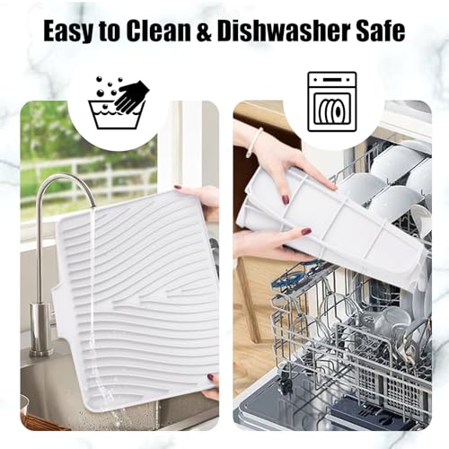 Silicone Dish Drying Mat for Kitchen Counter (White-2pcs / 16" x 12")