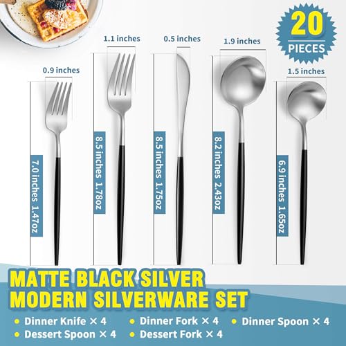 Matte Black Silver Silverware Set for 4 (Black/Silver / 20 Pieces Set)