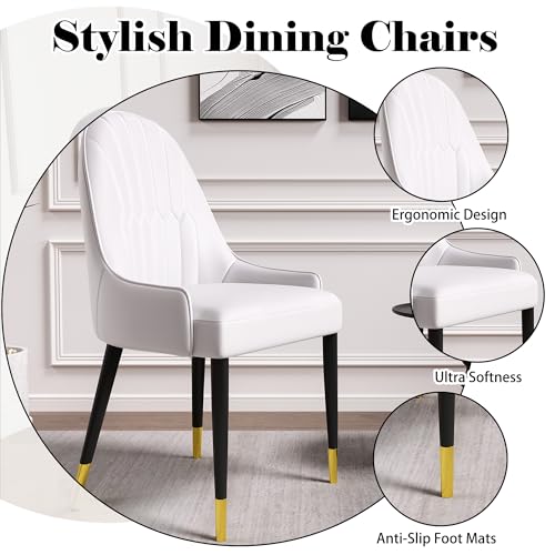 White Dining Chairs Set of 2 with High Backs Mid Century Modern Kitchen Dining Room Chairs PU Faux Leather Upholstered Large Padded Accent Chair with Legs (White)
