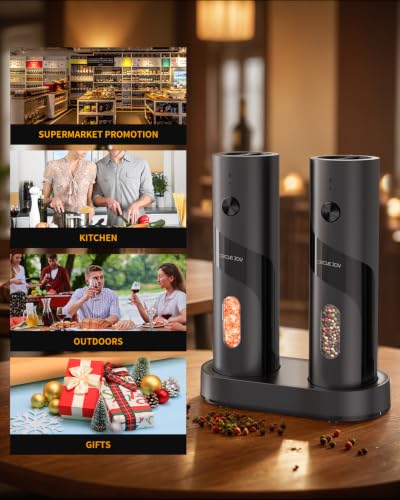Rechargeable Electric Salt and Pepper Grinder Set Automatic Pepper Mill Grinders with Charging Base (Black)