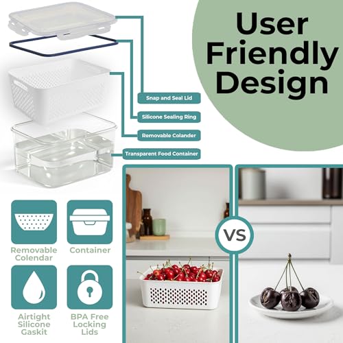 5 Pack Large Fruit Storage Containers for Fridge with Removable Colander (5 Pack - Fruit Containers)