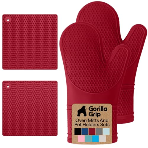 BPA Free Silicone Oven Mitts and Pot Holders Set (Red / 12.5" Oven Mitts + 7" Trivets)