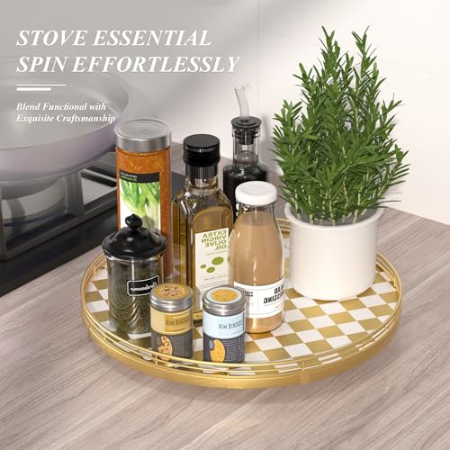 16 Inch Gold and White Checkerboard Lazy Susan with Rubberwood Base (Gold & White / 16 inches)