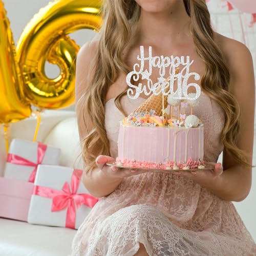 1Pc Happy Sweet 16 Cake Topper Sweet 16 Birthday Decorations Happy 16th Birthday Cake Decorations for Girls