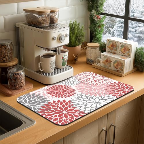 2Pcs Floral Christmas Dish Drying Mat & Sink Splash Guard (Red / 16" X 24" + 24" X 5.5")