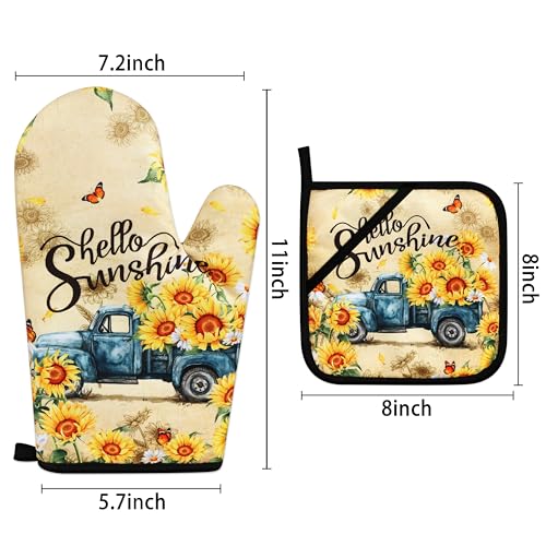 Sunflower Oven Mitts and Pot Holders Sets Vintage Floral Oven Gloves Heat Resistant 4 Pcs Farmhouse Decorative Kitchen Hot Pads and Mitts for Baking Cooking Grilling (Yellow Blue)
