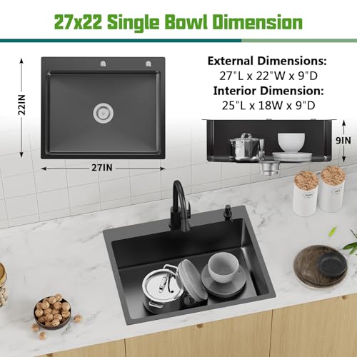 Black 27x22 Inch Drop In Kitchen Sink (27x22 | Black)