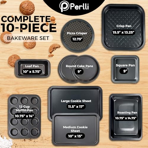 Non-Stick 10-Piece Bakeware Set – Carbon Steel with Even Heat Distribution, Oven Safe to 446°F, BPA-Free, Dishwasher Safe, Stackable Baking Tools for Easy Storage and Everyday Cooking - Gray