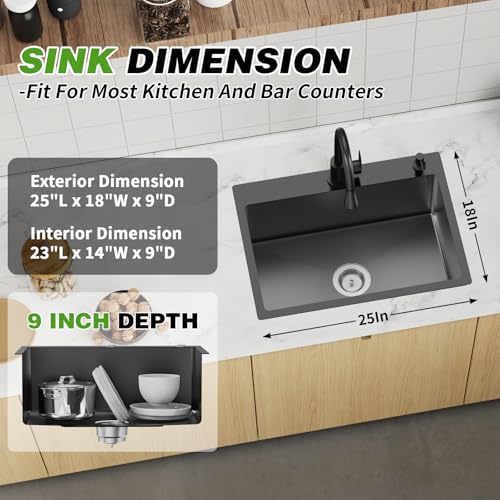 Black 25x18In Drop In Kitchen And Bar Sink (25x18 Black)