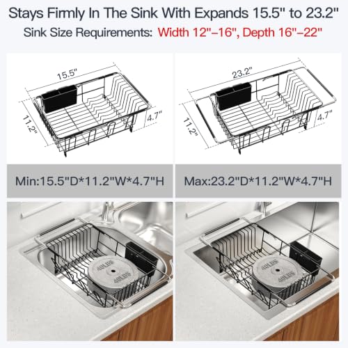 Expandable Dish Drying Rack Over Sink with Anti (Black / For 11.5"-16" W Sink with Cup Holder)