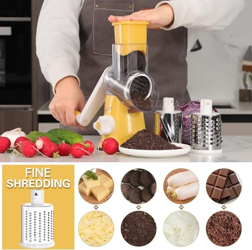 Rotary Cheese Grater Hand Crank Cheese Shredder for Fresh Cheese (3 BLADES / Yellow)