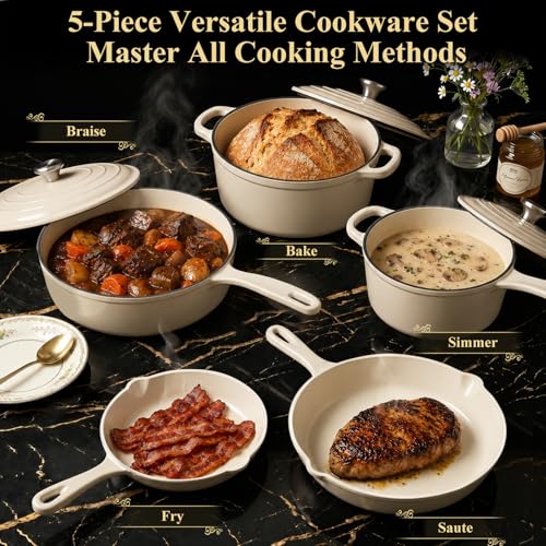 5 Piece White Enameled Cast Iron Cookware Set (White H)