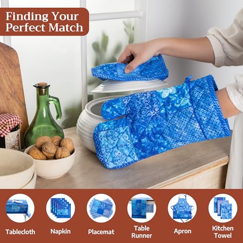 Maison d'Hermine Oven Gloves 100% Cotton Oven Mitt (027 - Indigo Love / 7.5" x 13" (Oven Mitt))