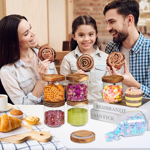 Small Glass Jars with Labels Spice Jar Round Storage Canister with Wooden Lid Clear Glass Food Jar for Pantry Sugar Tea Coffee Bean Spice Nuts Cookies Bath Salts (6*420ml(14oz))