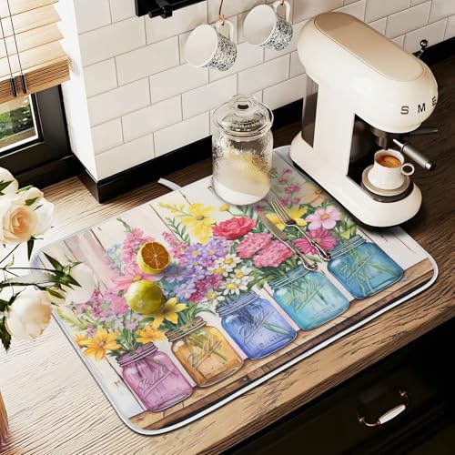 Spring Floral Jars Rustic Dish Drying Mat for Kitchen Counter Absorbent Microfiber Small Drying Pad Flowers Dish Mats for Kitchen Countertops 16 x 18 Inch (18" x 16")