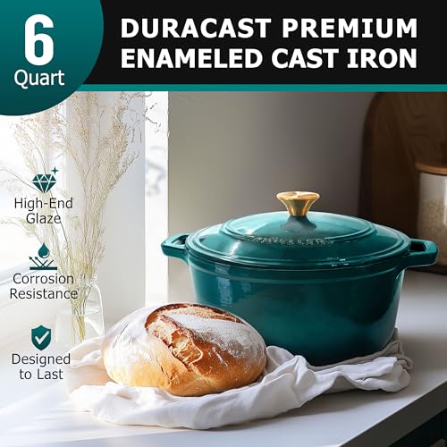 Mueller DuraCast 6 Quart Enameled Cast Iron Dutch Oven Pot with Lid (6 Quart -Round / Emerald)