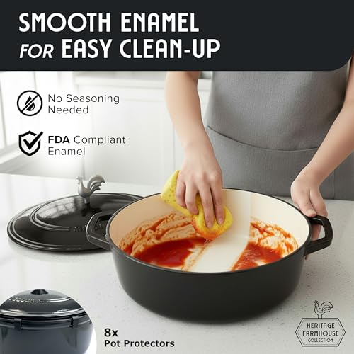 MUELLER HOME 5.5 Quart Enameled Cast Iron Oval Dutch Oven with Rooster Knob & Cotton Potholders (5.5 Quart -Oval / Black)