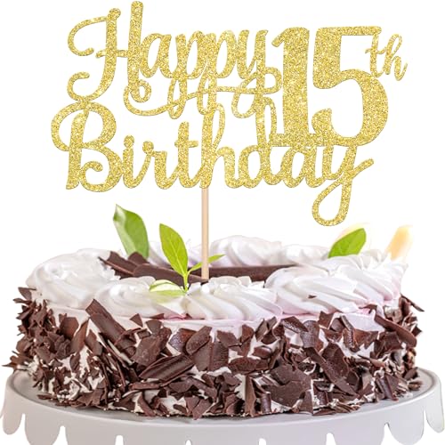1 PCS Happy 15th Birthday Cake Topper Gold Glitter Cheers to 15 Years Birthday Cake Pick Mis Quince 15 Fabulous Cake Decoration for Happy 15th Birthday Theme Party Decorations Supplies (Gold / 15th)