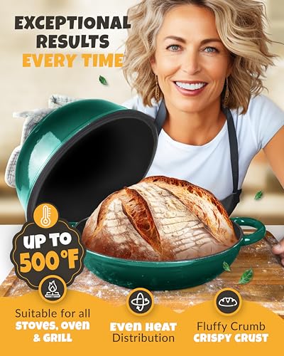 5 QT Enameled Dutch Oven for Bread Baking with Lid & Starter Kit (Bottle Green / 5QT Dome)