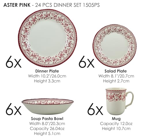 24 Piece Porcelain Dinnerware Set for 6 (Aster Pink / 24)