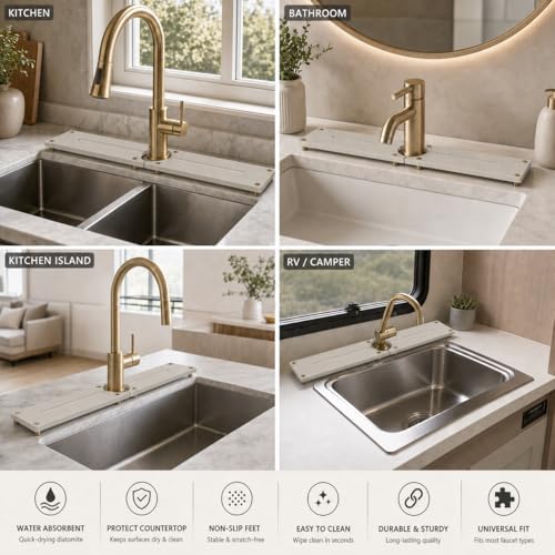 2PCS Stone Faucet Mat for Kitchen Sink (24"x 4" - Beige - Gold)