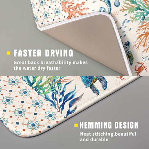 Nautical Coastal Dish Drying Mat Sea Turtle Seahorse Dish Drainer Pad 16"x18" Microfiber Reversible Fast Dry Pad for Kitchen Counter Decor (Coral Turtle / 16" x 18")