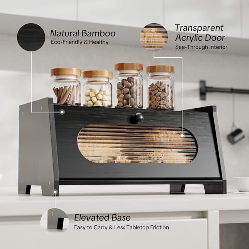 Black Bread Box for Kitchen Countertop (1-Tier Black)