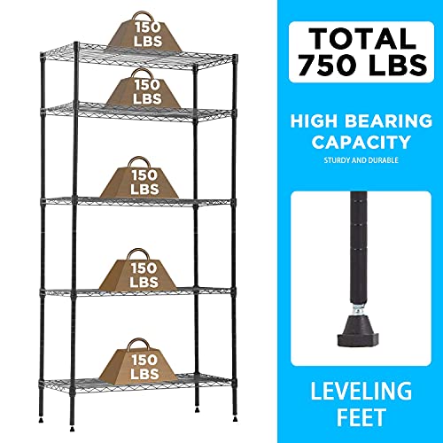 5 Tier Wire Shelf with Wheels (Black / 30×14×60)