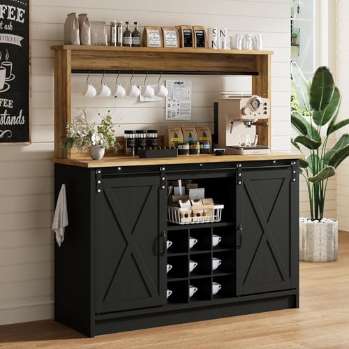 47" Coffee Bar Cabinet with Storage Hutch & Wine Rack (47Inch / Black)