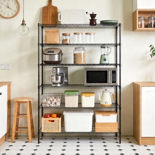 16" D×42" W×72" H Wire Shelving Unit Commercial Metal Shelf with 6 Tier Adjustable Layer Rack Strong Steel for Restaurant Garage Pantry Kitchen Garage (Black / 42×16×72)